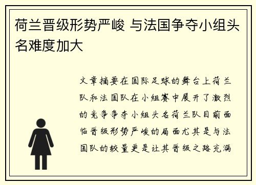 荷兰晋级形势严峻 与法国争夺小组头名难度加大