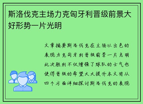 斯洛伐克主场力克匈牙利晋级前景大好形势一片光明