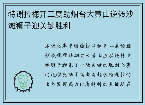 特谢拉梅开二度助烟台大黄山逆转沙滩狮子迎关键胜利