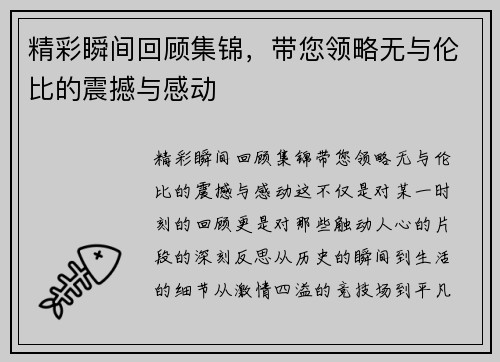精彩瞬间回顾集锦，带您领略无与伦比的震撼与感动