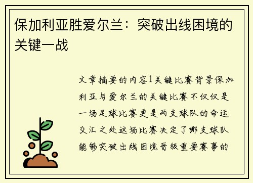 保加利亚胜爱尔兰：突破出线困境的关键一战
