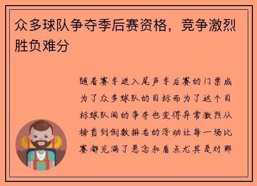 众多球队争夺季后赛资格，竞争激烈胜负难分