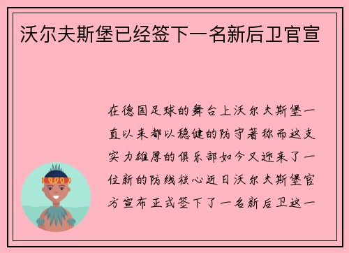 沃尔夫斯堡已经签下一名新后卫官宣