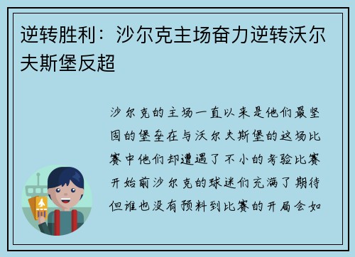 逆转胜利：沙尔克主场奋力逆转沃尔夫斯堡反超
