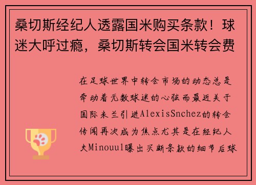桑切斯经纪人透露国米购买条款！球迷大呼过瘾，桑切斯转会国米转会费