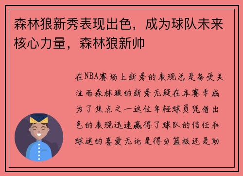 森林狼新秀表现出色，成为球队未来核心力量，森林狼新帅