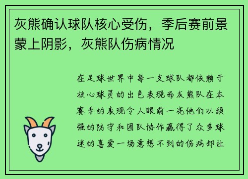 灰熊确认球队核心受伤，季后赛前景蒙上阴影，灰熊队伤病情况