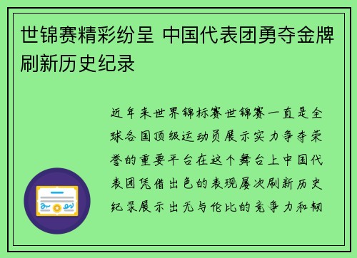 世锦赛精彩纷呈 中国代表团勇夺金牌刷新历史纪录